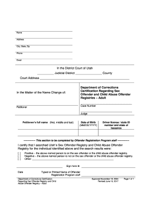 Department of Corrections Certification Regarding Sex Offender RegistryAdult  Form