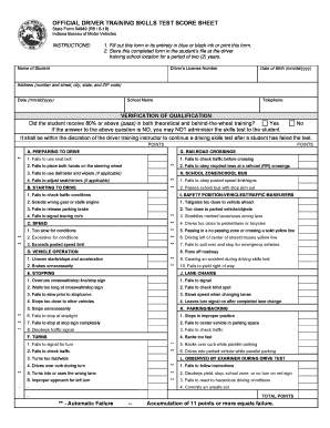 Indiana Driving Test Score Sheet  Form