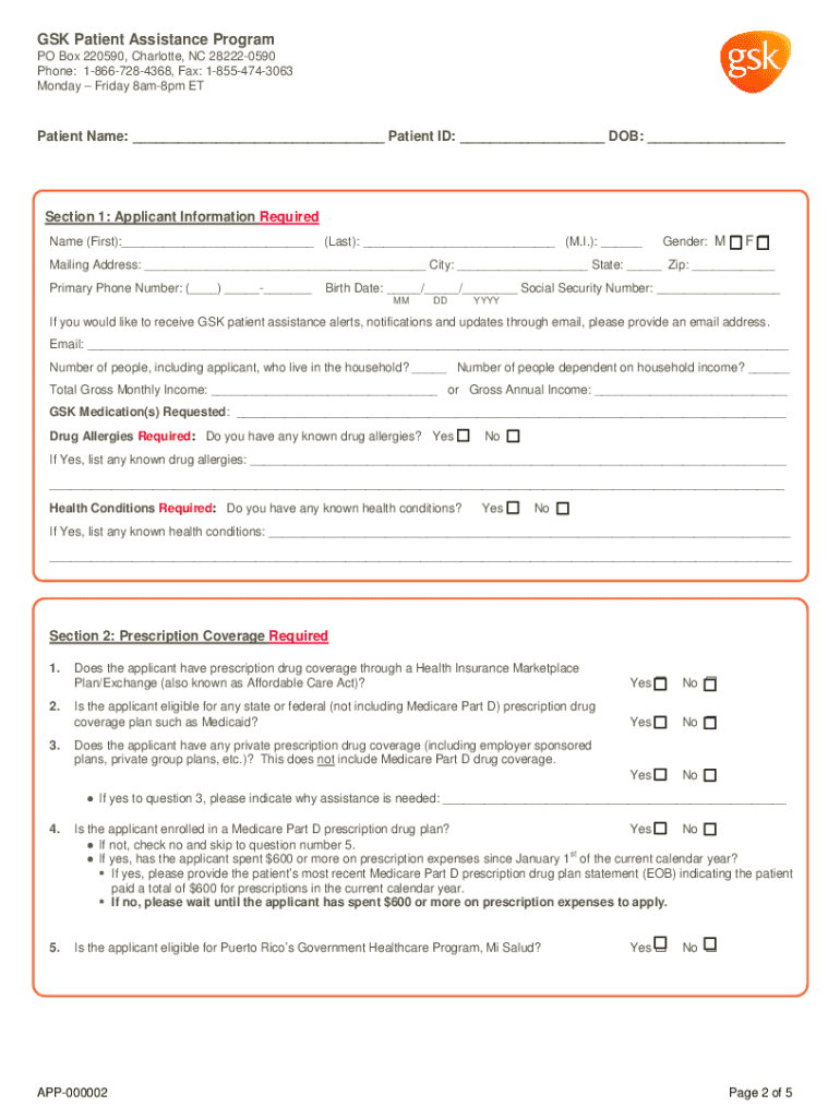 Glaxosmith Kline Patient Assistance Printable Form Application