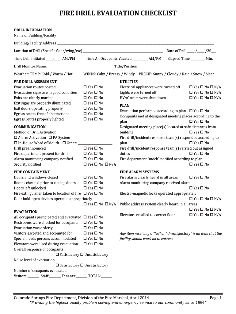  Fire Drill Evaluation Form 2014-2024