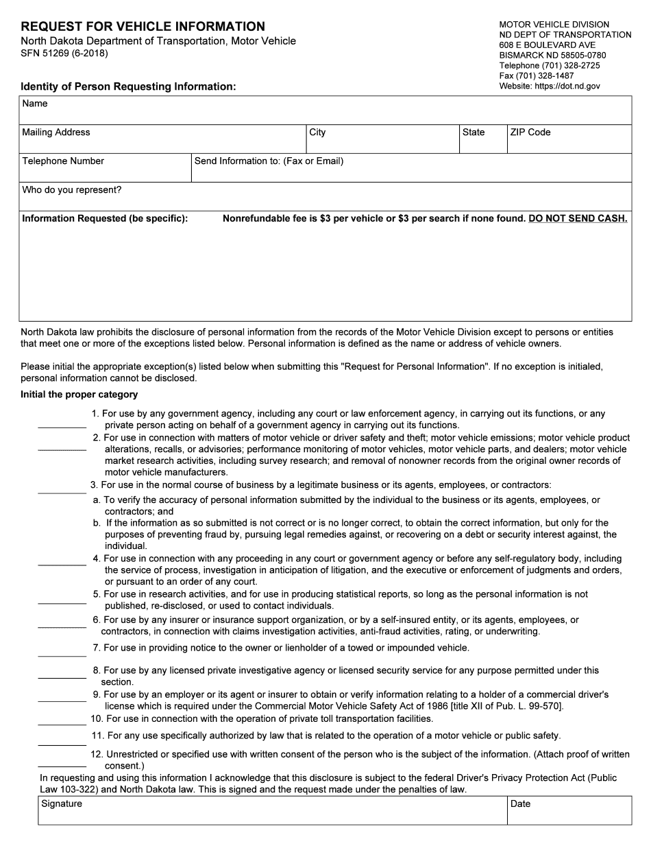  SFN 51269 Request for Vehicle Information  Dot ND Gov 2018