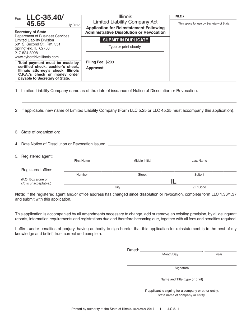  Llc Illinois Reinstatement 2017-2024