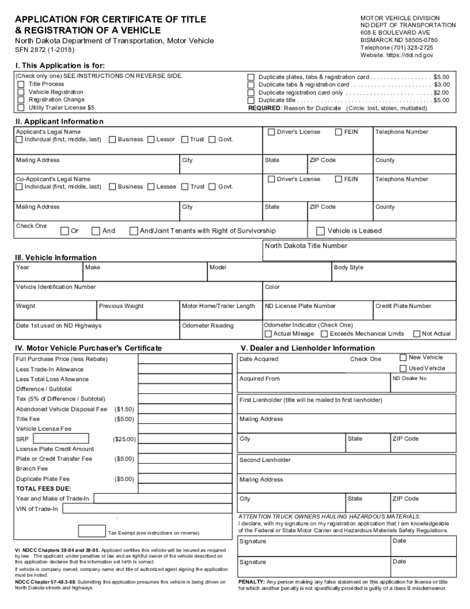  North Dakota DOT Forms DMV ORG 2018