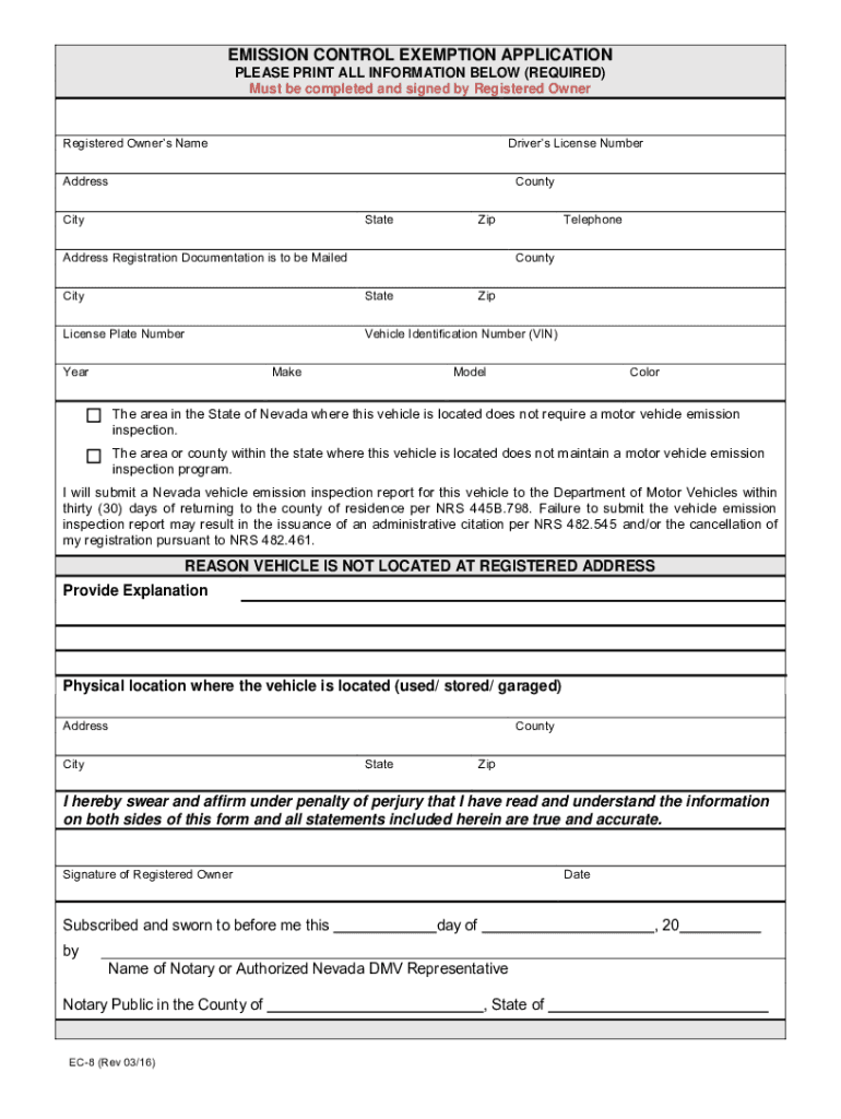  EC 8 Emissions Control Exemption Application 2016-2024