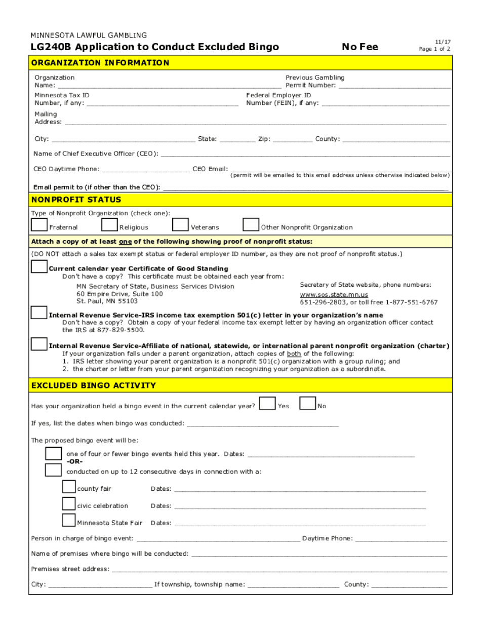 LG240B Application to Conduct Excluded Bingo  Form