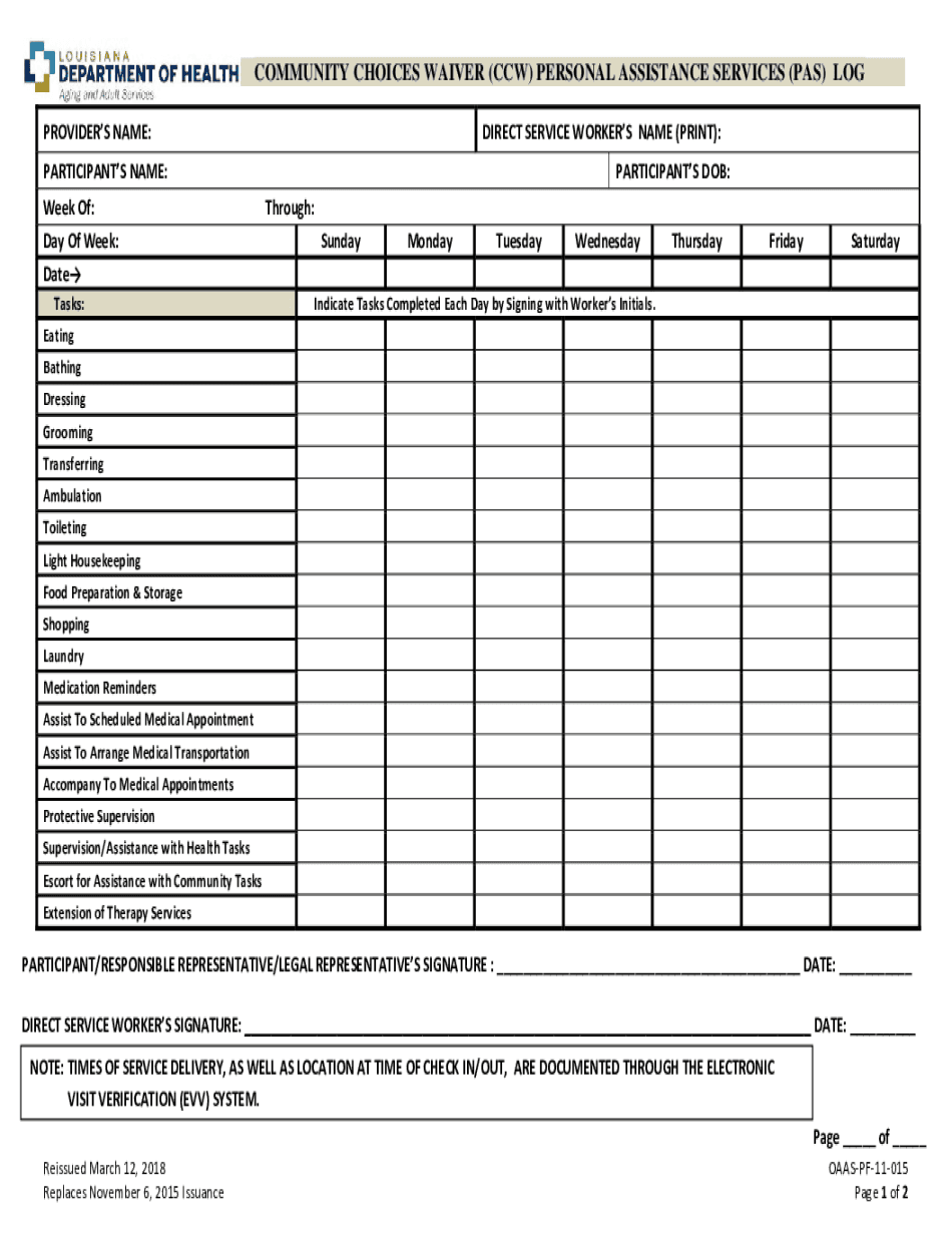  COMMUNITY CHOICES WAIVER CCW PERSONAL ASSISTANCE SERVICES PAS LOG 2018