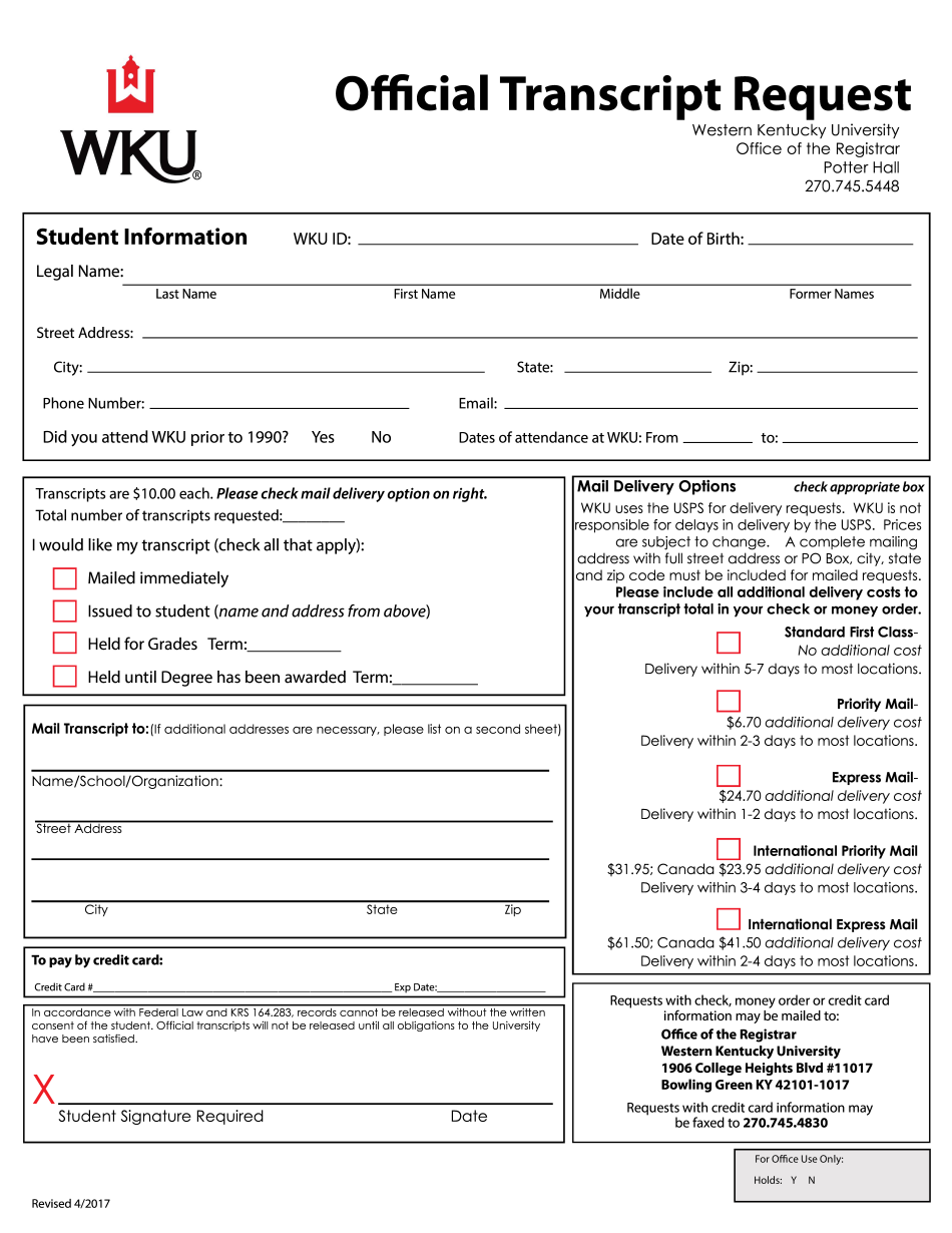 Official Transcript Request WKU 2019