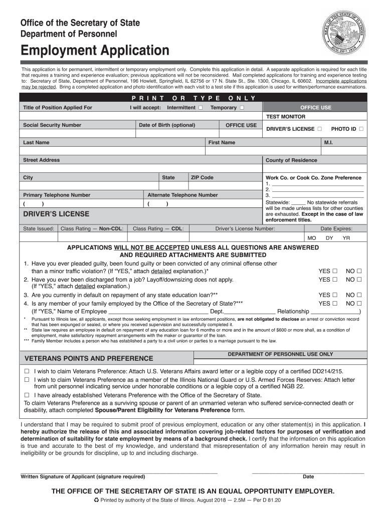  State of Illinois Employment Application Forms 2018-2024