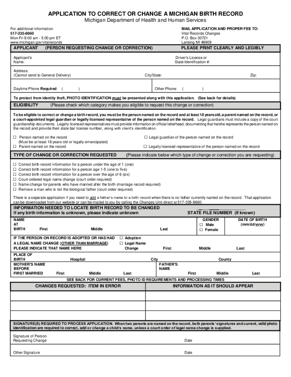 Application to Correct or Change a Michigan Birth State of  Form