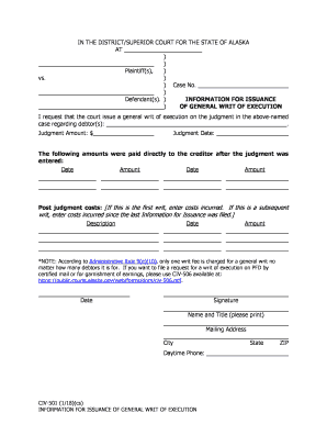  CIV 501 Information for Issuance of Writ of Execution State of 2015