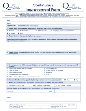  Continuous Improvement Form Queen Anne Business College 2018-2024