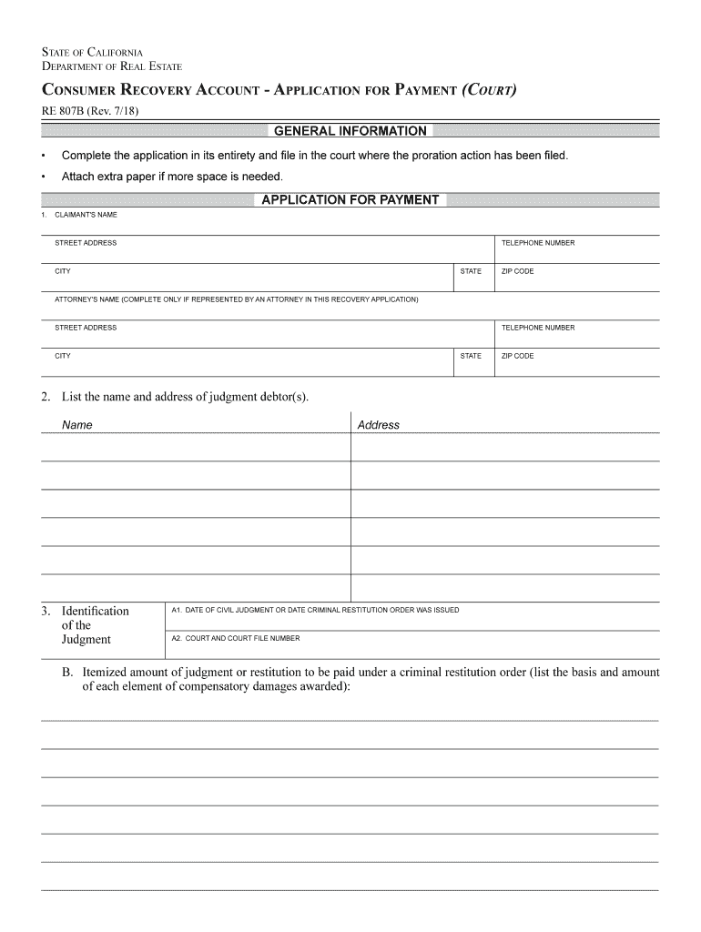 Consumer Recovery Account Application for Payment CourtRE 807B, Rev 718 Consumer Recovery Account Application for Payment CourtR  Form