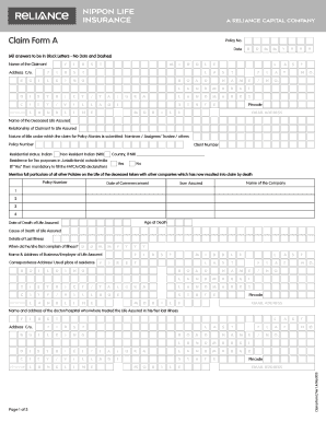 Claim Form a Individual Death Claim Reliance Life Insurance