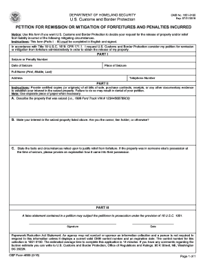 CBP Form 4609 Petition for Remission or Mitigation of Forfeitures and Penalities Incurred