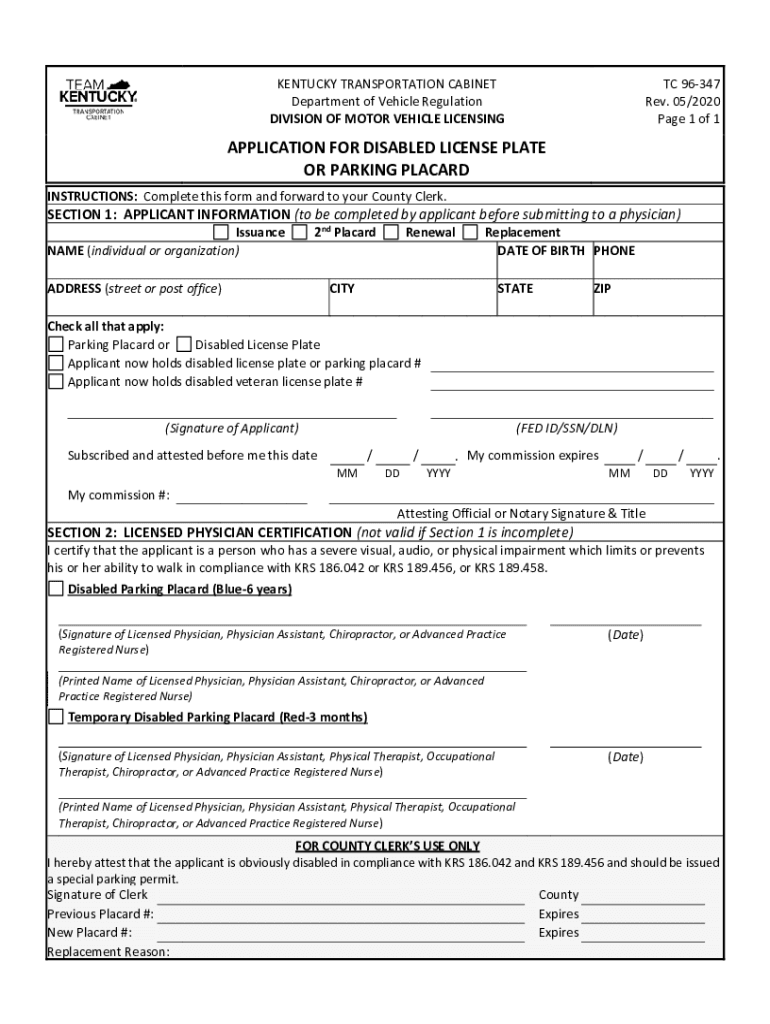 Application for Disabled License Plate or Parking Placard  Form