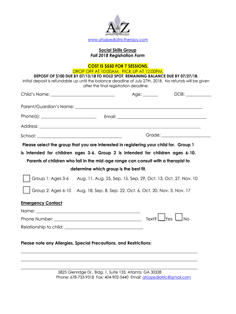 Social Skills Group Fall Registration Form COST is $550 for