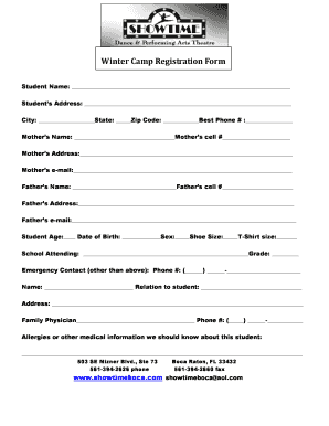 Winter Camp Registration Form Showtime Performing Arts Theatre