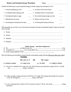 Kinetic and Potential Energy Worksheet  Form