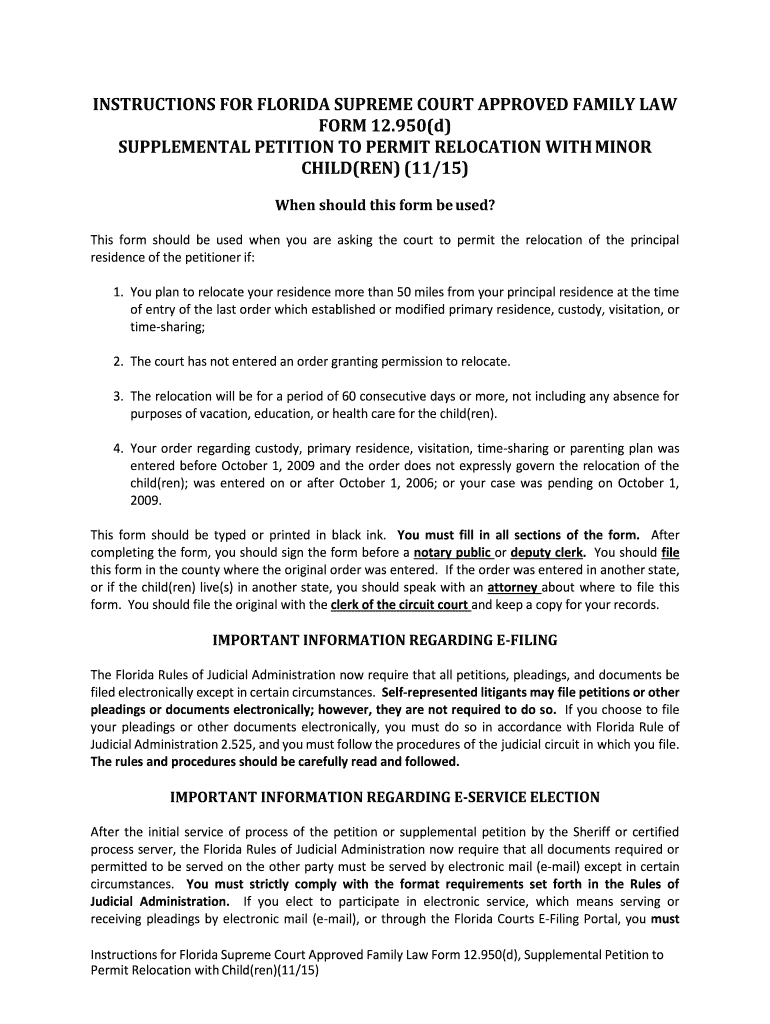 Instructions for Florida Supreme Court Approved Family Law Form 12 950d, Supplemental Petition to Permit Relocation with Childre