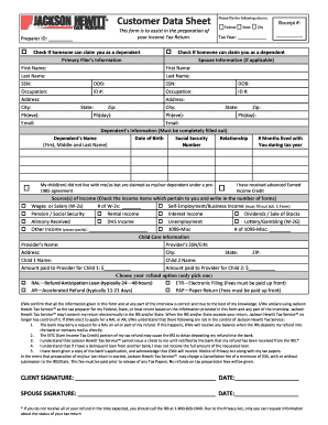 Customer Data Sheet Jackson Hewitt Tax ServiceEmployee Portal  Form