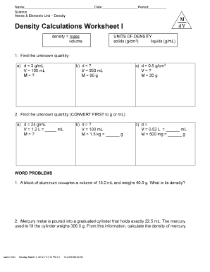 Density Calculations Worksheet PDF  Form