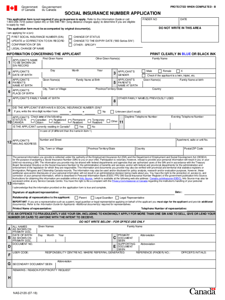 SOCIAL INSURANCE NUMBER APPLICATION Service Canada  Form