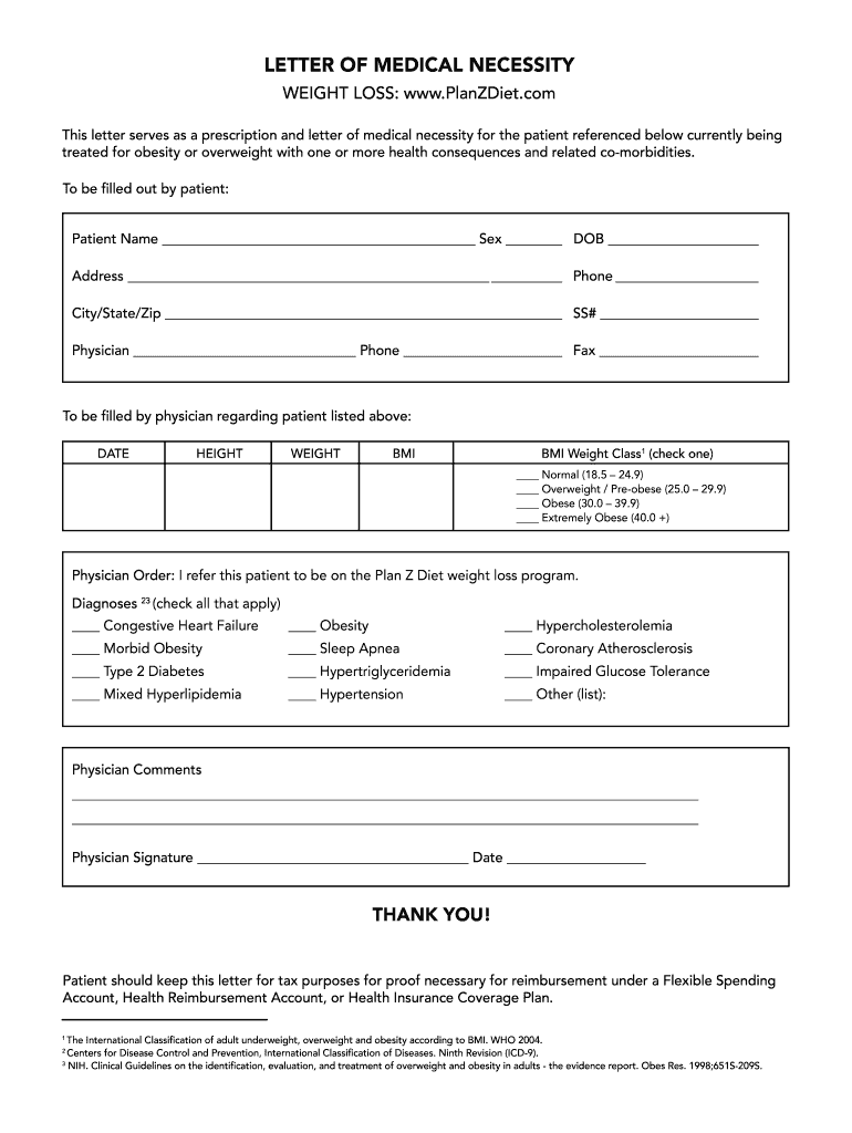 Letter of Medical Necessity Plan Z Diet  Form