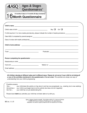 Ages and Stages Questionnaire 16 Months  Form