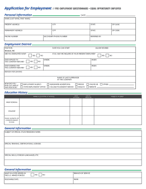 Application for Employment Pre Employment Questionnaire Equal Opportunity Employer  Form