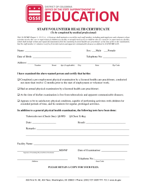 STAFFVOLUNTEER HEALTH CERTIFICATE  Form