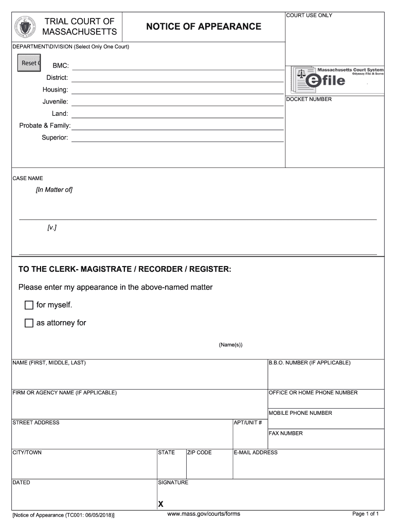 Notice of Appearance Massachusetts Probate Court  Form