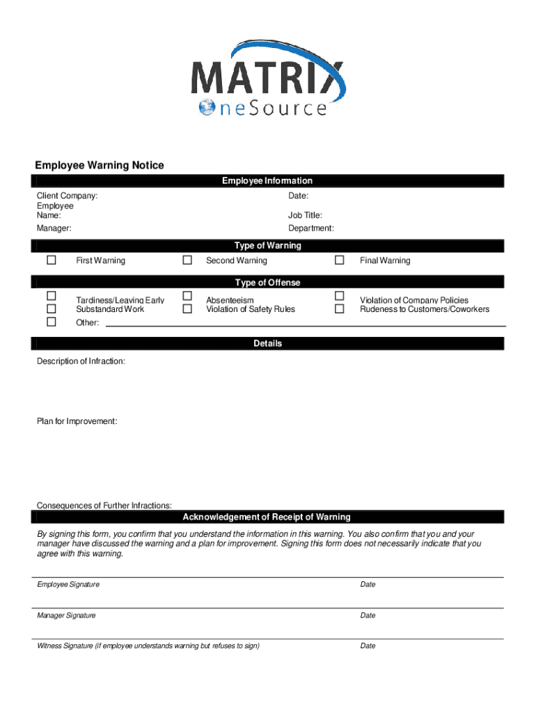 Employee Warning Notice Employee Information Clien