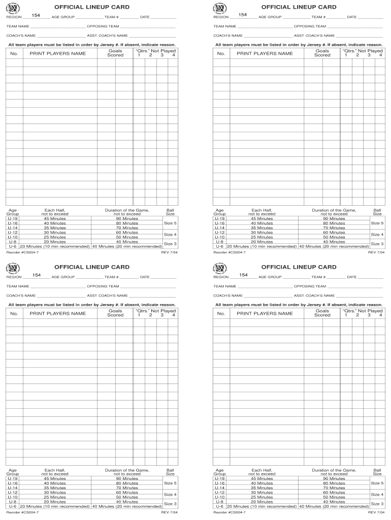 AYSO Lineup Card  Form