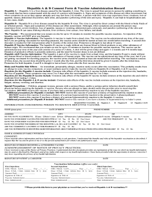 Hepatitis a &amp; B Consent Form &amp; Vaccine Administration Record