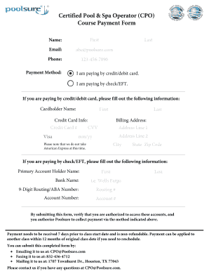 Certified Pool &amp; Spa Operator CPO Course Payment Form Poolsure