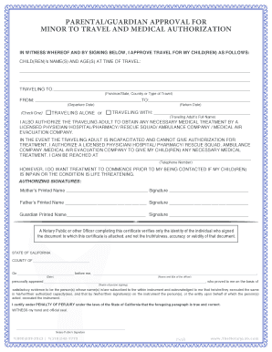 Parental Guardian Approval for Minor to Travel and Medical Authorization  Form