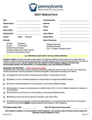 Alternative Education for Disruptive Youth AEDY Referral Intake Form