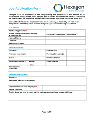 Job Application Form Hexagon Care