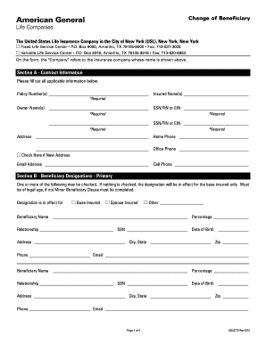 Change of Beneficiary American General Life Insurance Company  Form