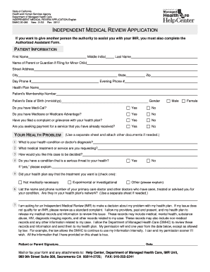 Independent Medical Review Application California Department of Dmhc Ca  Form