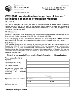 GVNI80A Application to Change Type of Licence  Form