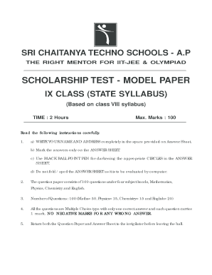 Sri Chaitanya Scholarship Test Sample Paper  Form