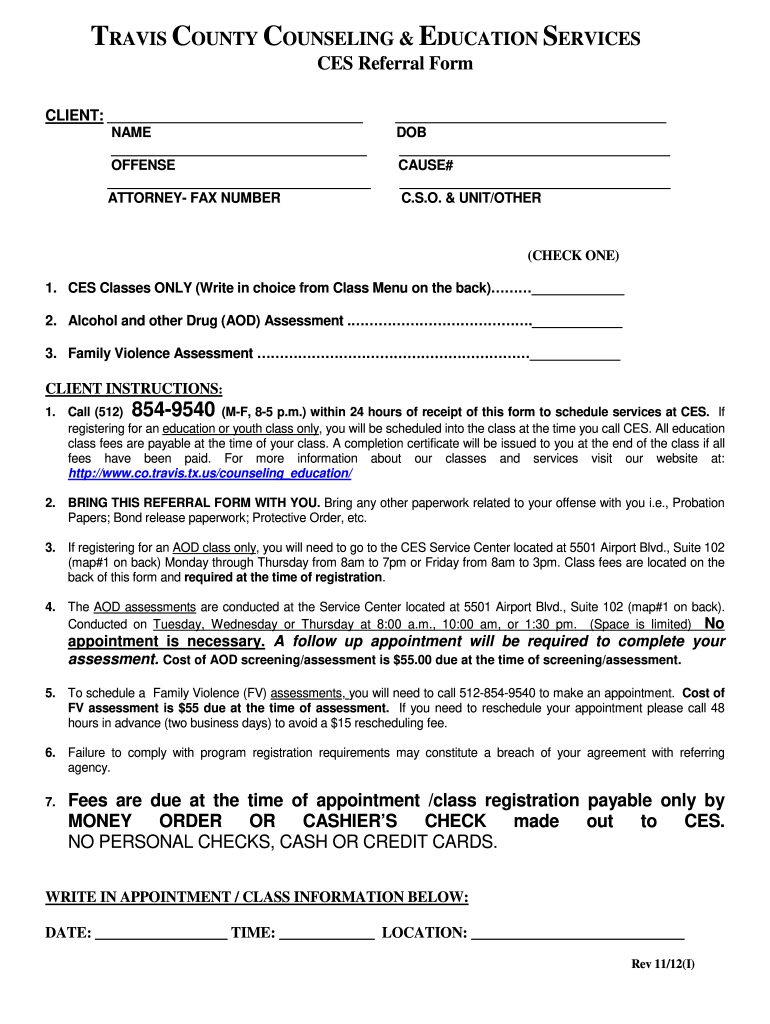  RAVIS COUNTY COUNSELING & EDUCATION SERVICES CES Referral Form  Co Travis Tx 2012-2023