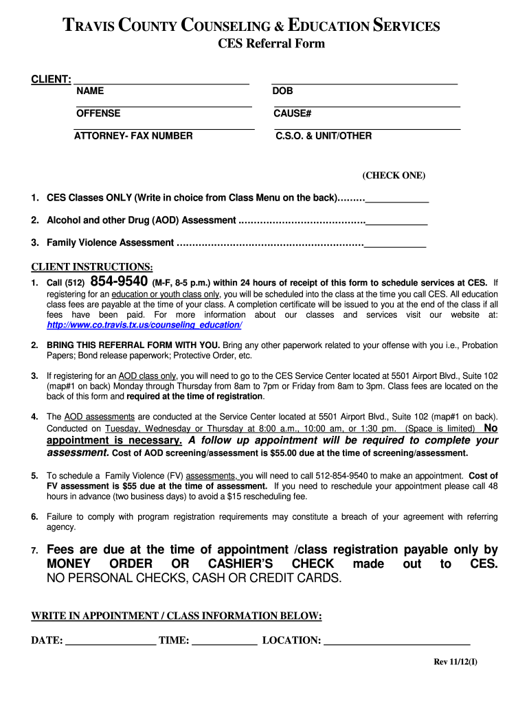  RAVIS COUNTY COUNSELING & EDUCATION SERVICES CES Referral Form  Co Travis Tx 2012-2024