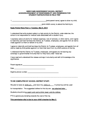 Field Trip Permission Form Deer Park Independent School District Dpisd