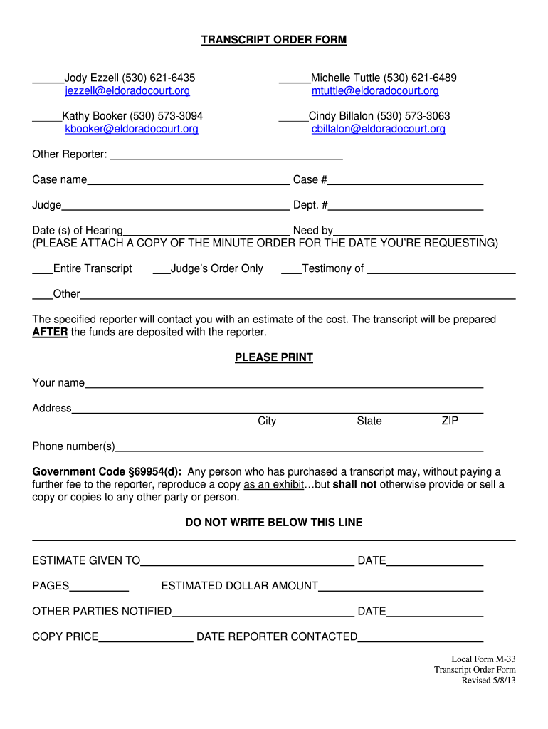 Transcript Request Form  Superior Court, El Dorado  Eldoradocourt