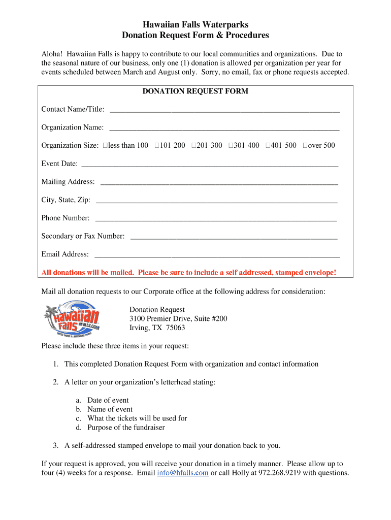 Hawaiian Falls Donation Request  Form