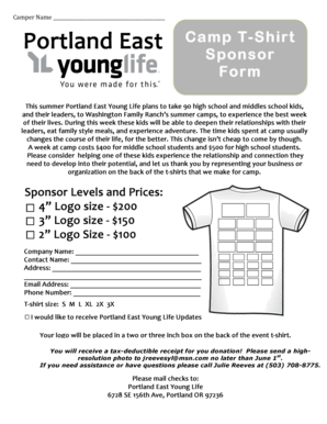 Sponsor T Shirt Form Portland East Young Life