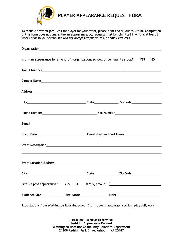 PLAYER APPEARANCE REQUEST FORM Washington Redskins