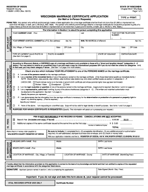 Get and Sign WISCONSIN MARRIAGE CERTIFICATE APPLICATION TYPE or PRINT Co Walworth Wi 2016-2022 Form